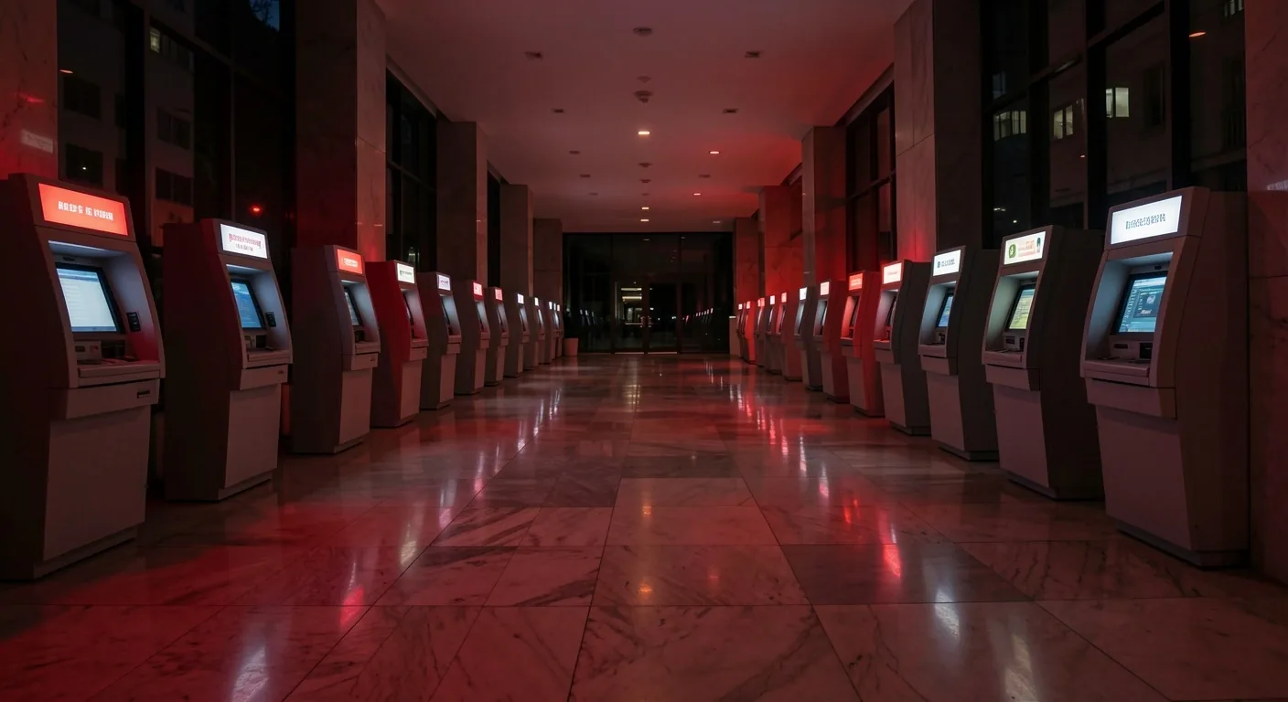 Interior de un cajero automático bancario vacío de noche