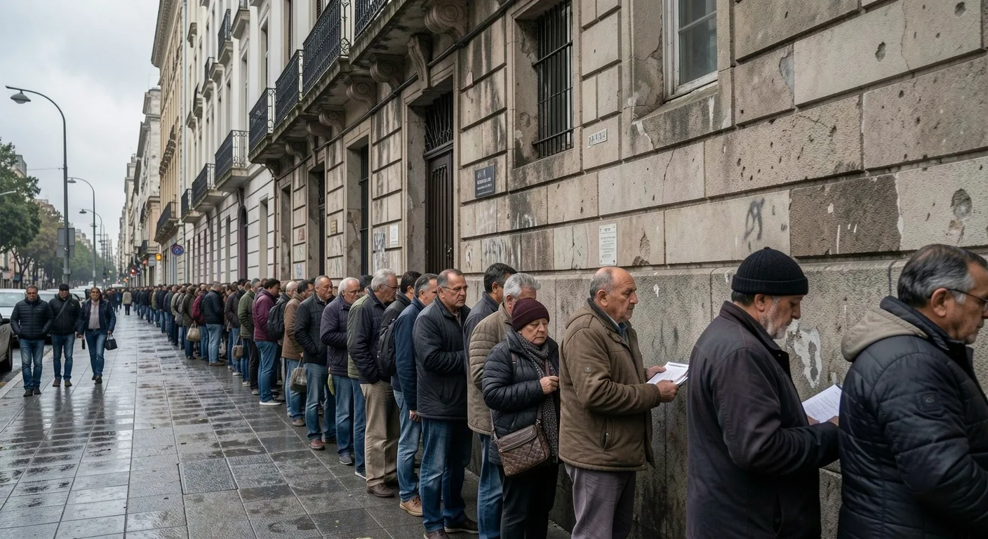 Personas haciendo fila frente a un banco en Buenos Aires