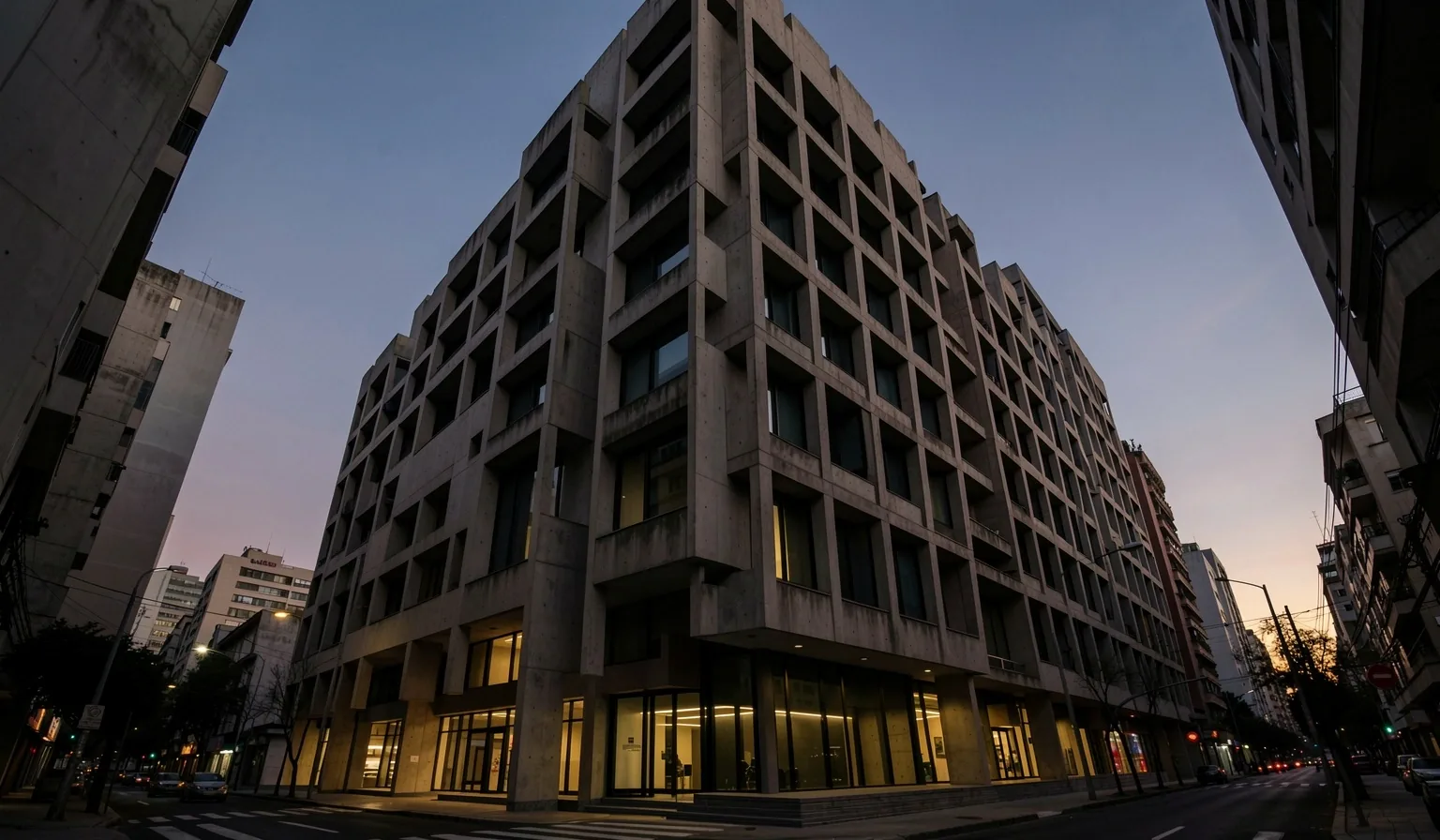 Arquitectura bancaria brutalista en Buenos Aires al atardecer