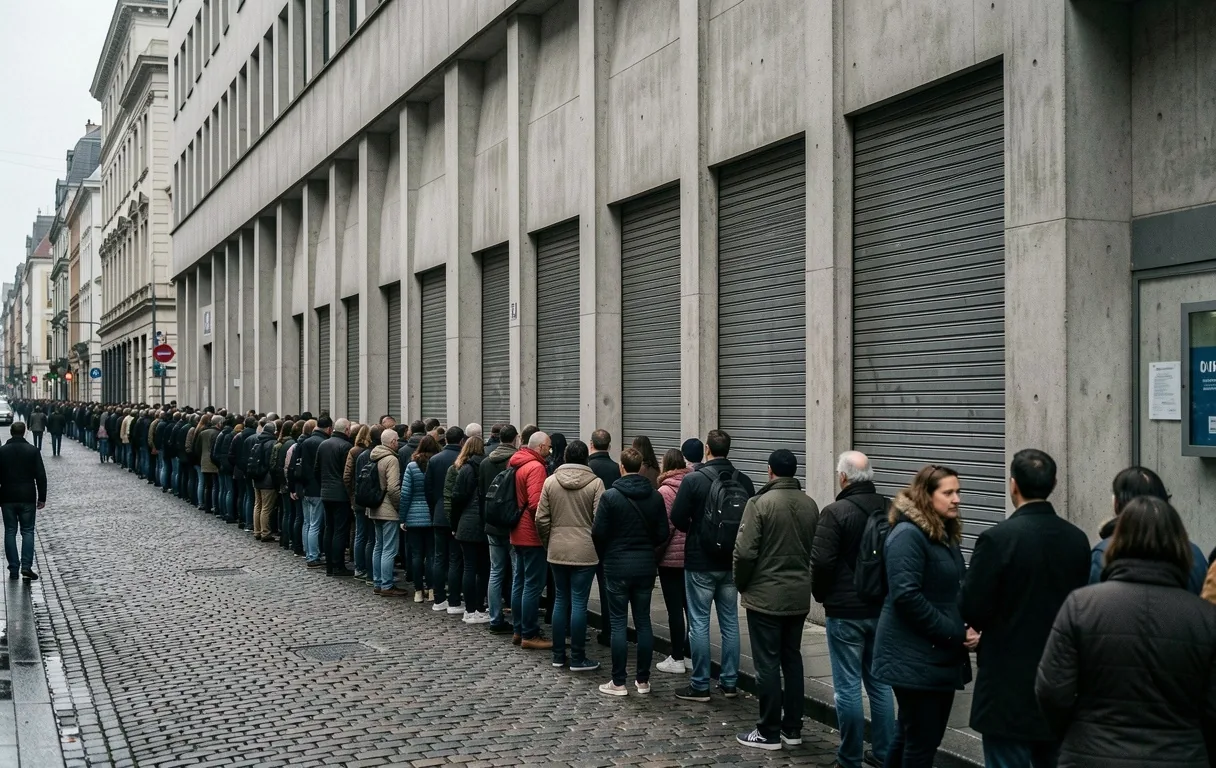 Cola de ciudadanos esperando frente a una sucursal bancaria