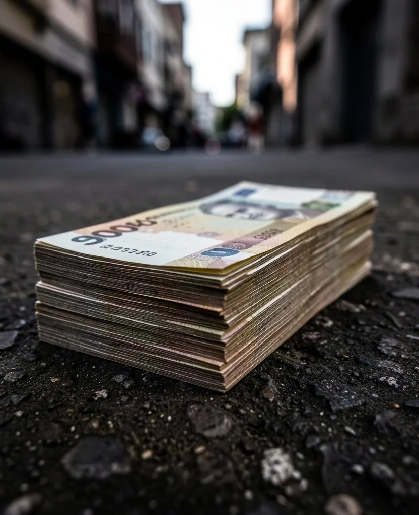 Detalle de billetes de pesos argentinos sobre superficie de concreto