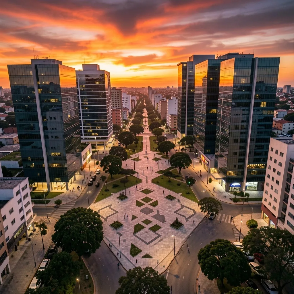 Distrito tecnológico moderno en Rosario al atardecer