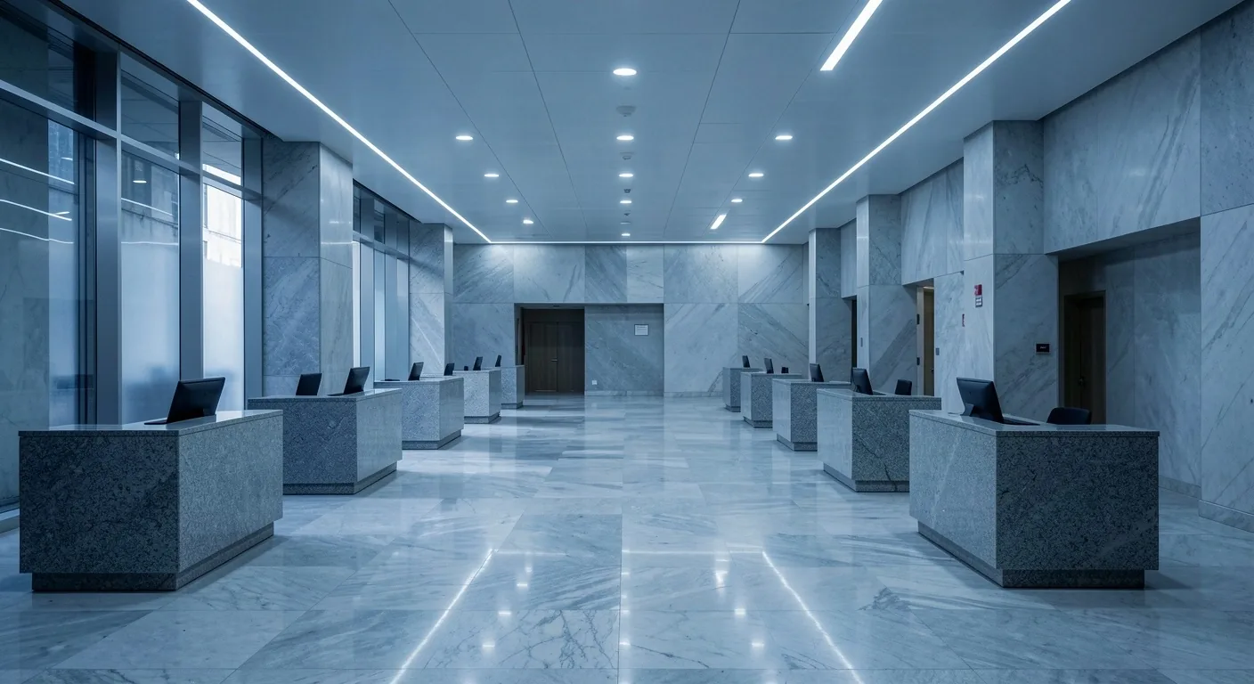 Interior de un banco vacío con mostradores desatendidos