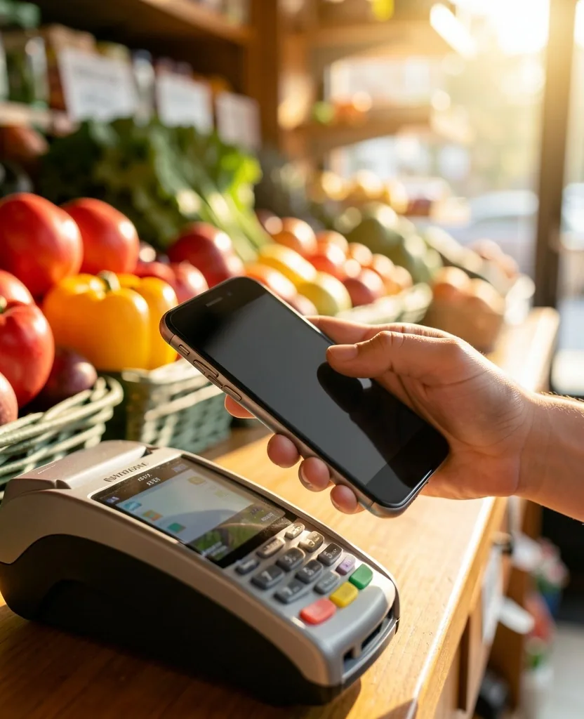 Persona pagando con billetera digital en un comercio local