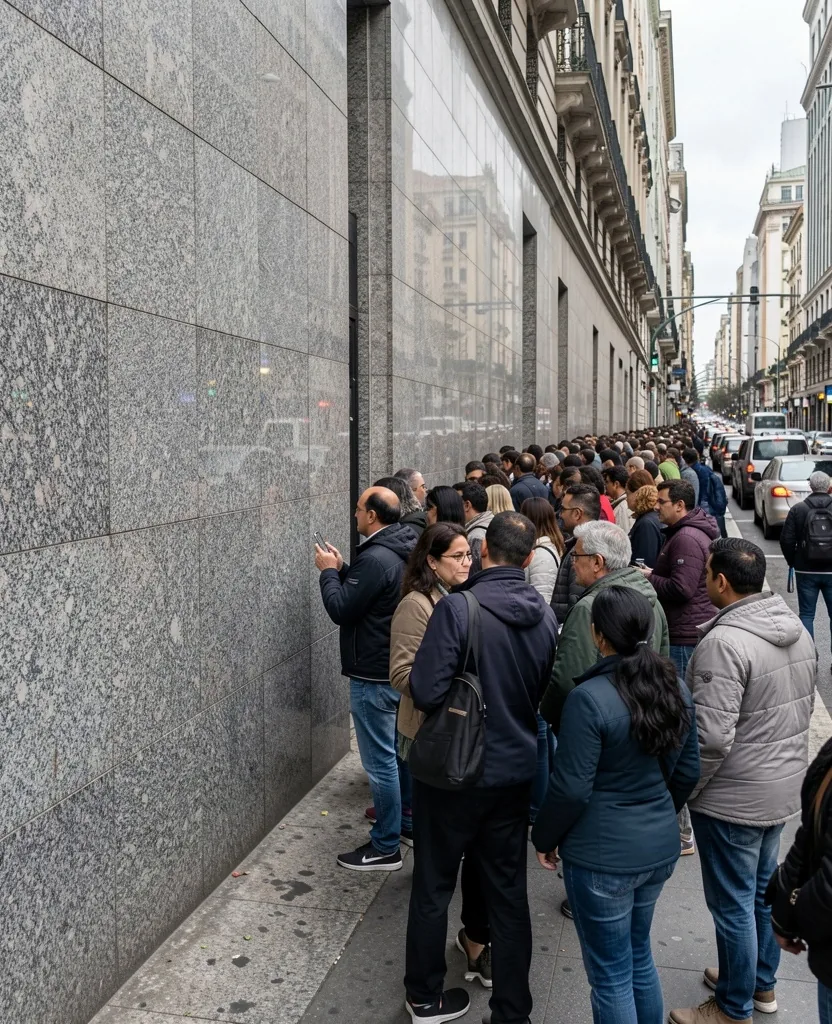 Cola de personas esperando frente a un banco en Buenos Aires