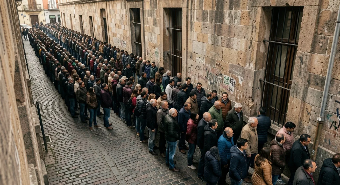 Larga fila de personas esperando frente a un banco en Buenos Aires