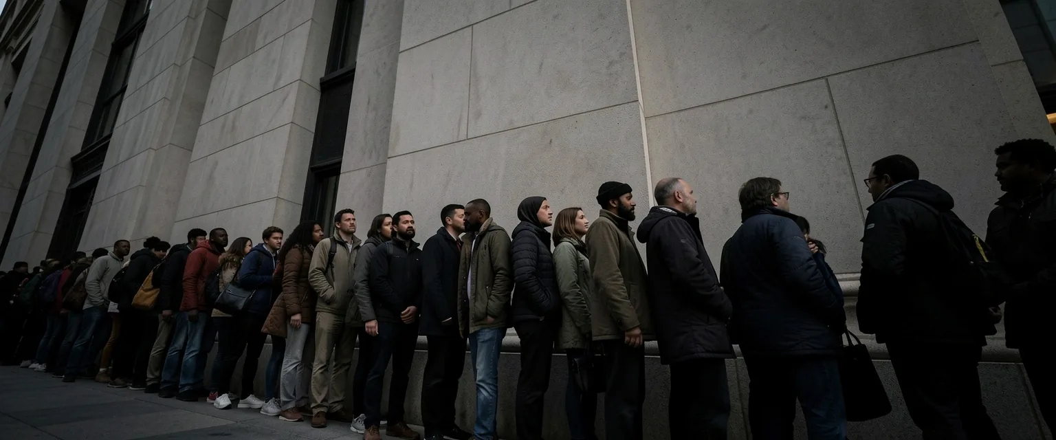 Personas esperando en fila frente a una entidad bancaria en Buenos Aires